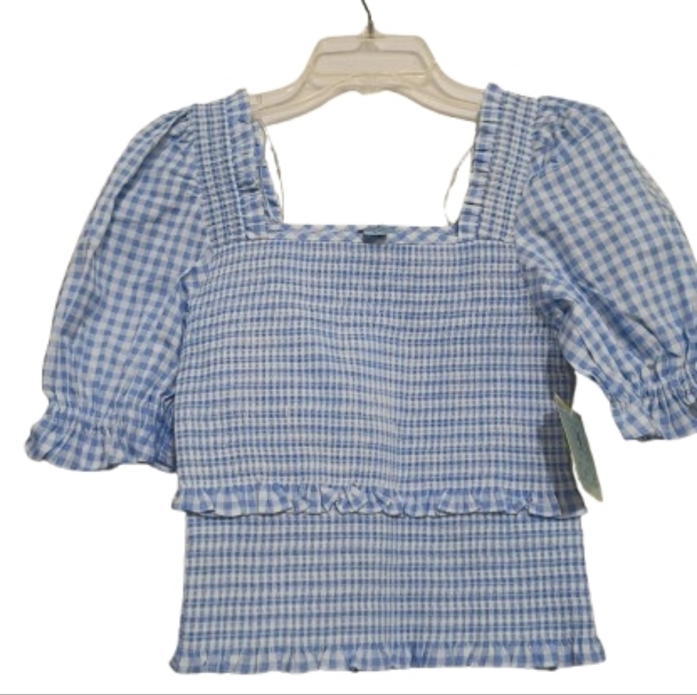 NEW! Cece Gingham Smock Ruffled Tiered Square Neck Top Small Coquette Core